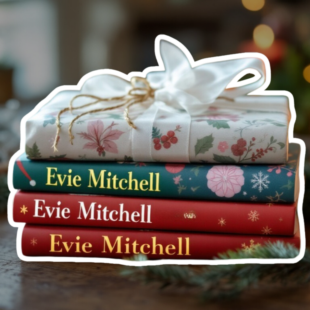 Image of three books gift wrapped with Evie Mitchell stickers on the side