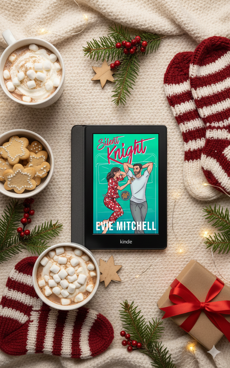 Steamy holiday romance ebook flat lay featuring Silent Knight by Evie Mitchell