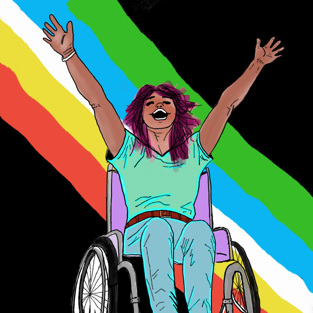 Drawing by Evie Mitchell of a wheelchair user celebrating with the Disability Pride Flag behind her.