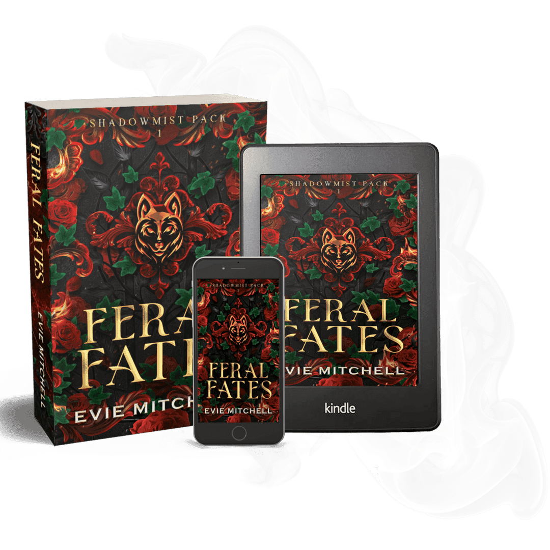 Book titled 'Feral Fates' by Evie Mitchell a Paranormal Wolf Shifter romance with  images of a paperback and ebooks on a dark background